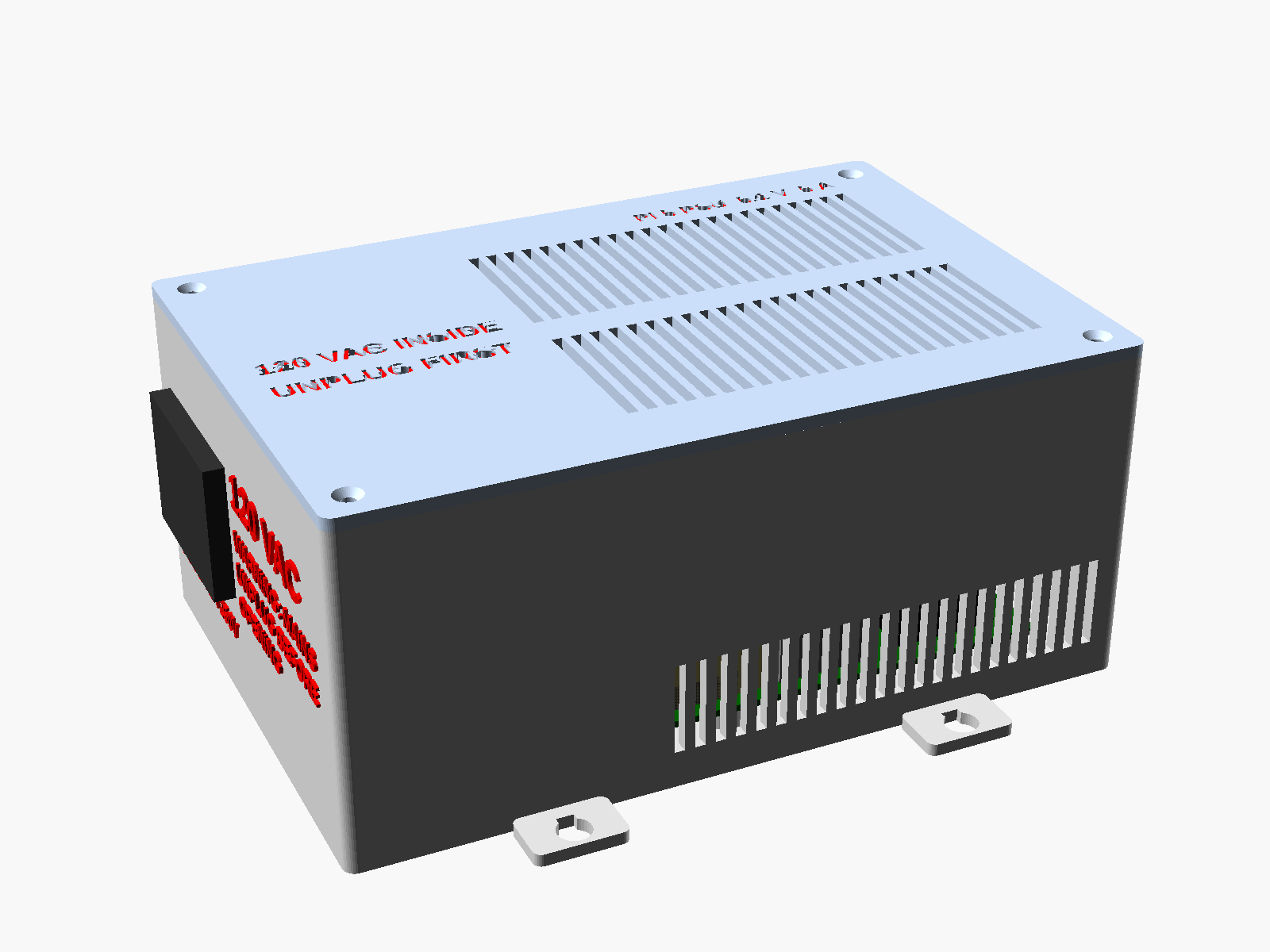 Render of the closed case: a light grey rectangular tub with a blue lid. Ventilation slots run along the lid and the lower side wall; the IEC inlet sits in the left end wall with warning text beside it, and keyhole mounting tabs stick out at the bottom.