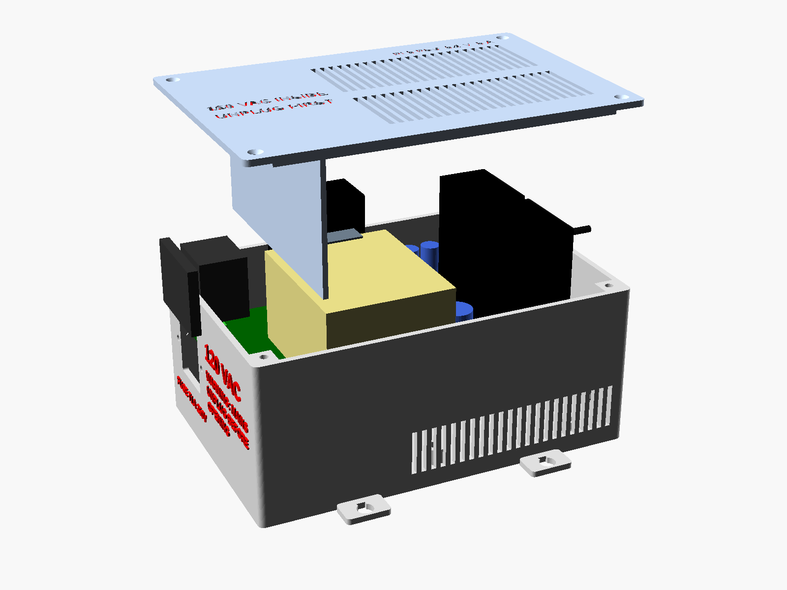 Exploded render: the lid lifted above the tub, showing the barrier rib hanging from the lid's underside, and inside the tub simplified models of the perf board, the yellow transformer, the inlet and the black heatsinks.