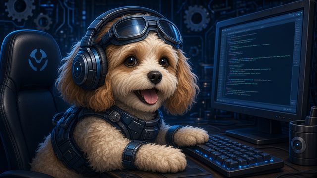 Lana, a fluffy cream dog in a blue headset, happily typing at a computer keyboard