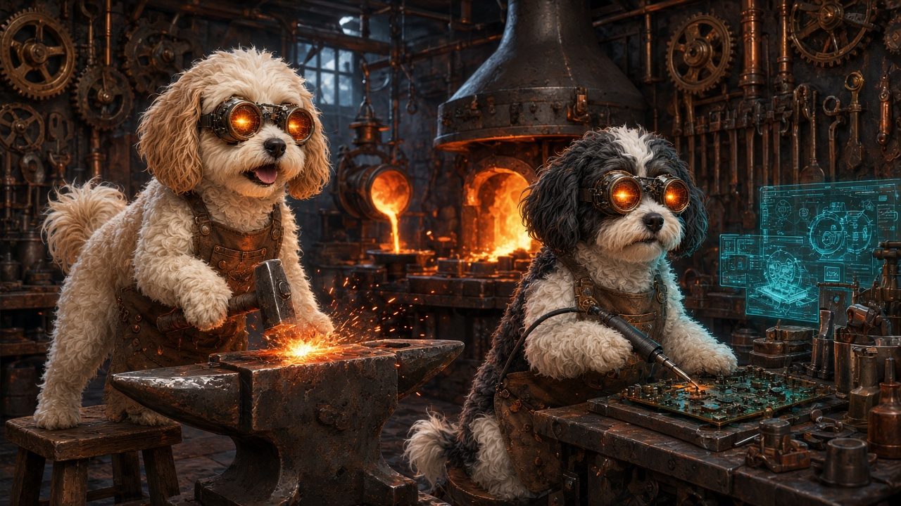 Lana and Zoey, two curly-haired dogs in forge goggles, hammering at an anvil and soldering a circuit board