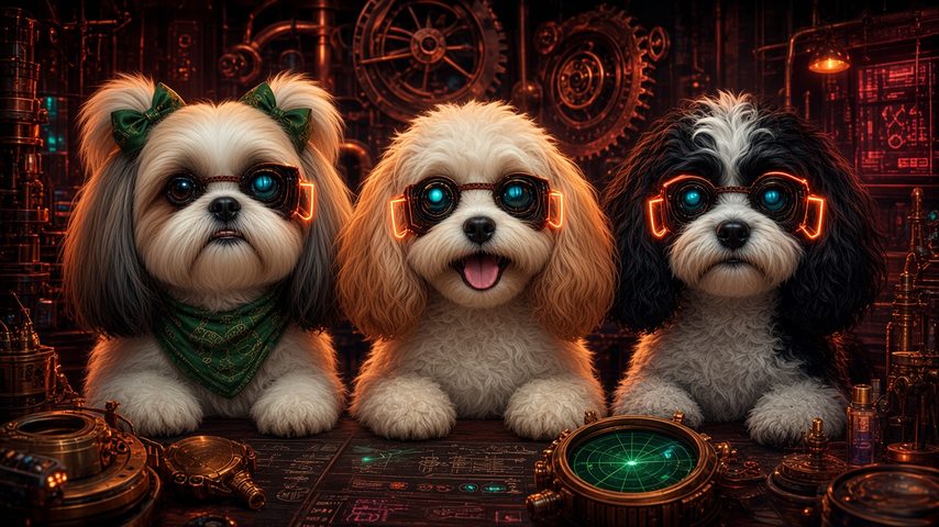 Honey, Lana and Zoey, three small dogs in glowing goggles, at a copper research bench with a radar scope