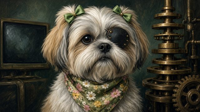 Honey, a small Shih Tzu with a brass-riveted eye patch, green bows and a flowered bandana