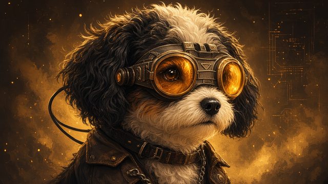 Zoey, a curly black-and-white dog in brass goggles and a leather jacket